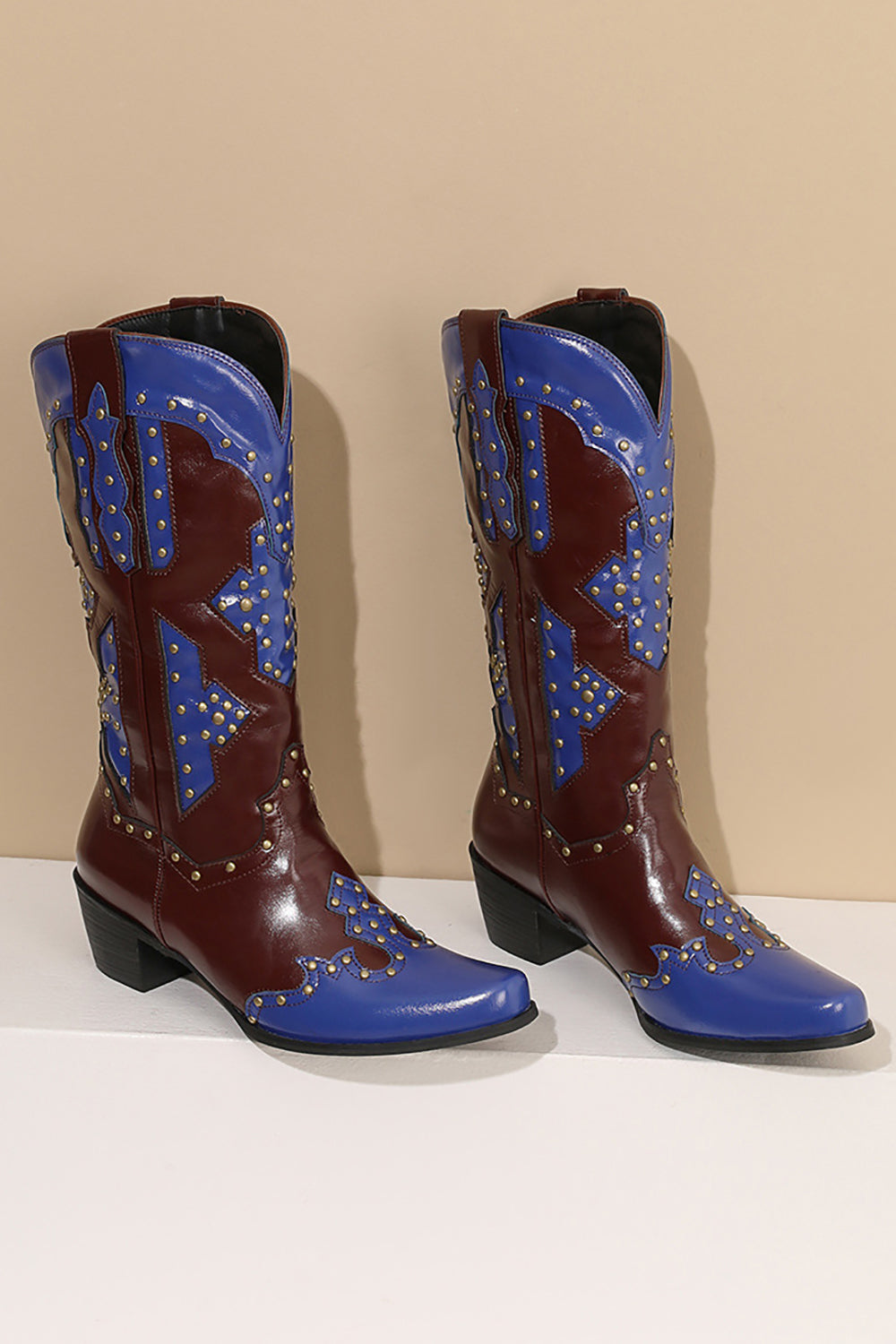 Women's Embroidered Blue Pointed Toe Calf High Cowgirl Boots