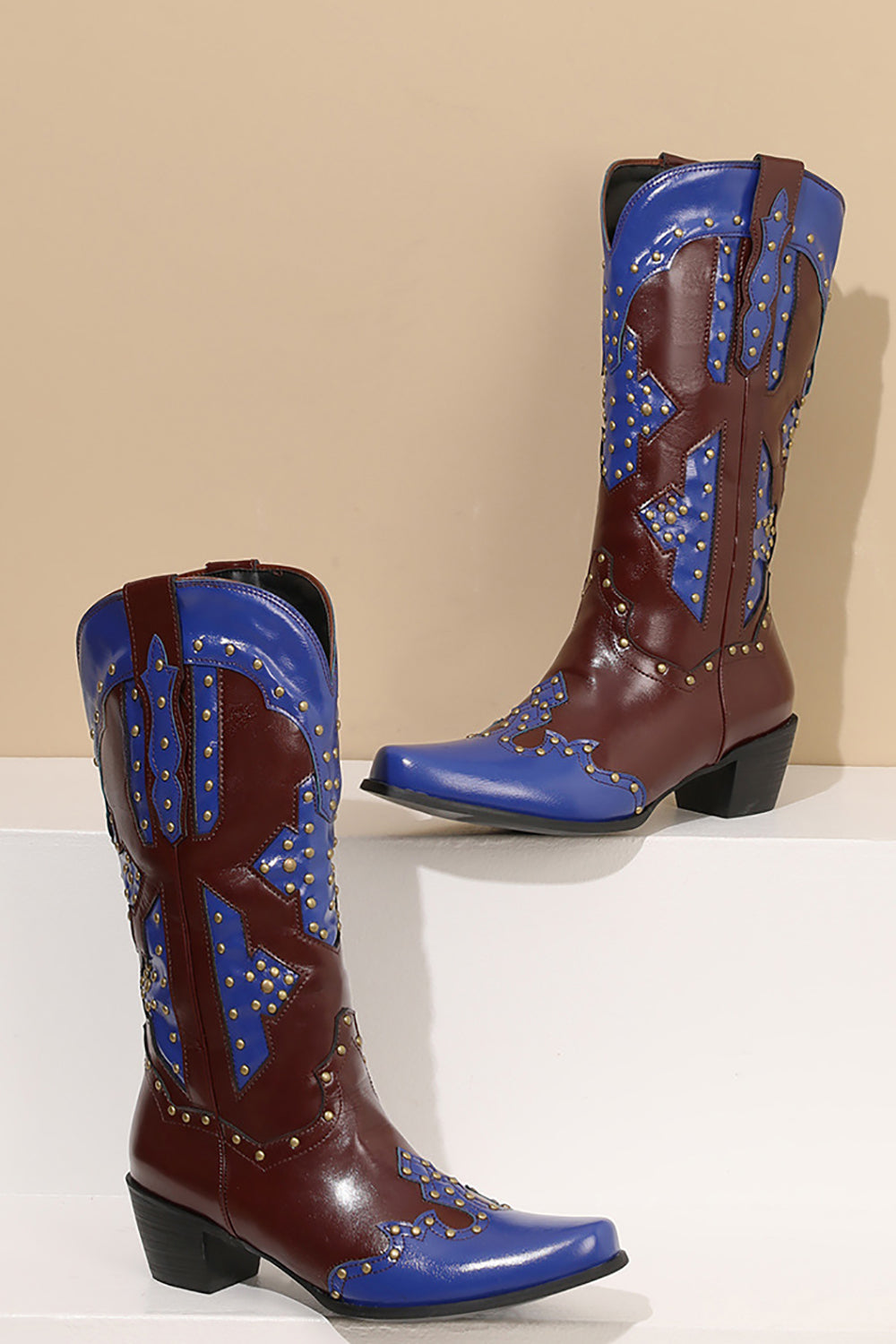 Women's Embroidered Blue Pointed Toe Calf High Cowgirl Boots