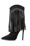 Black Suede Rhinestone Fringed Stiletto Heels Ankle Boots