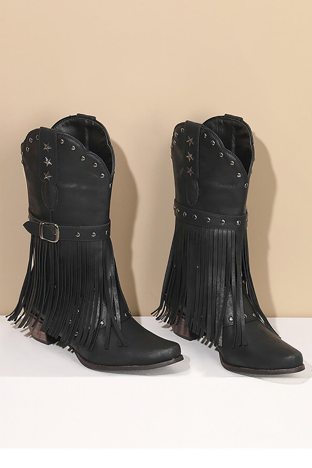 Retro Black Fringe Belt Buckle Chunky Low Heel Cowgirl Boots