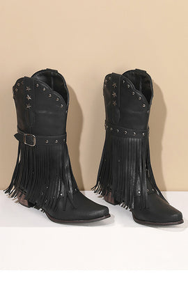 Retro Black Fringe Belt Buckle Chunky Low Heel Cowgirl Boots