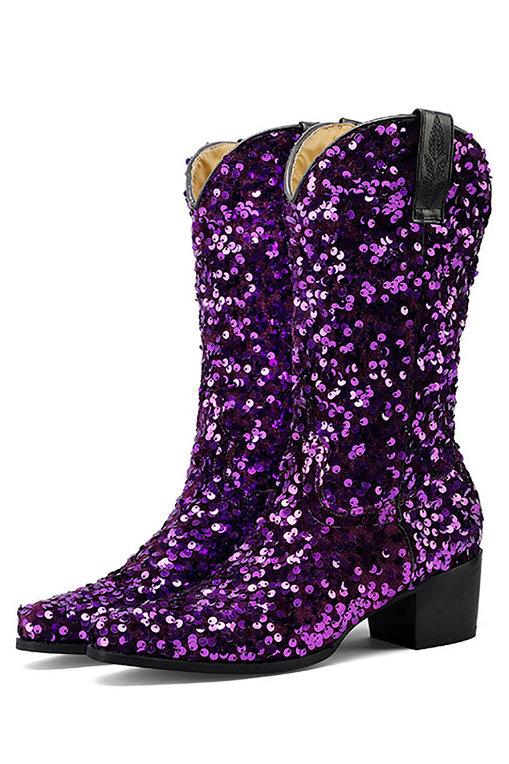 Glitter Black Mid Calf Sequins Snip Toe Chunky Heeled Boots