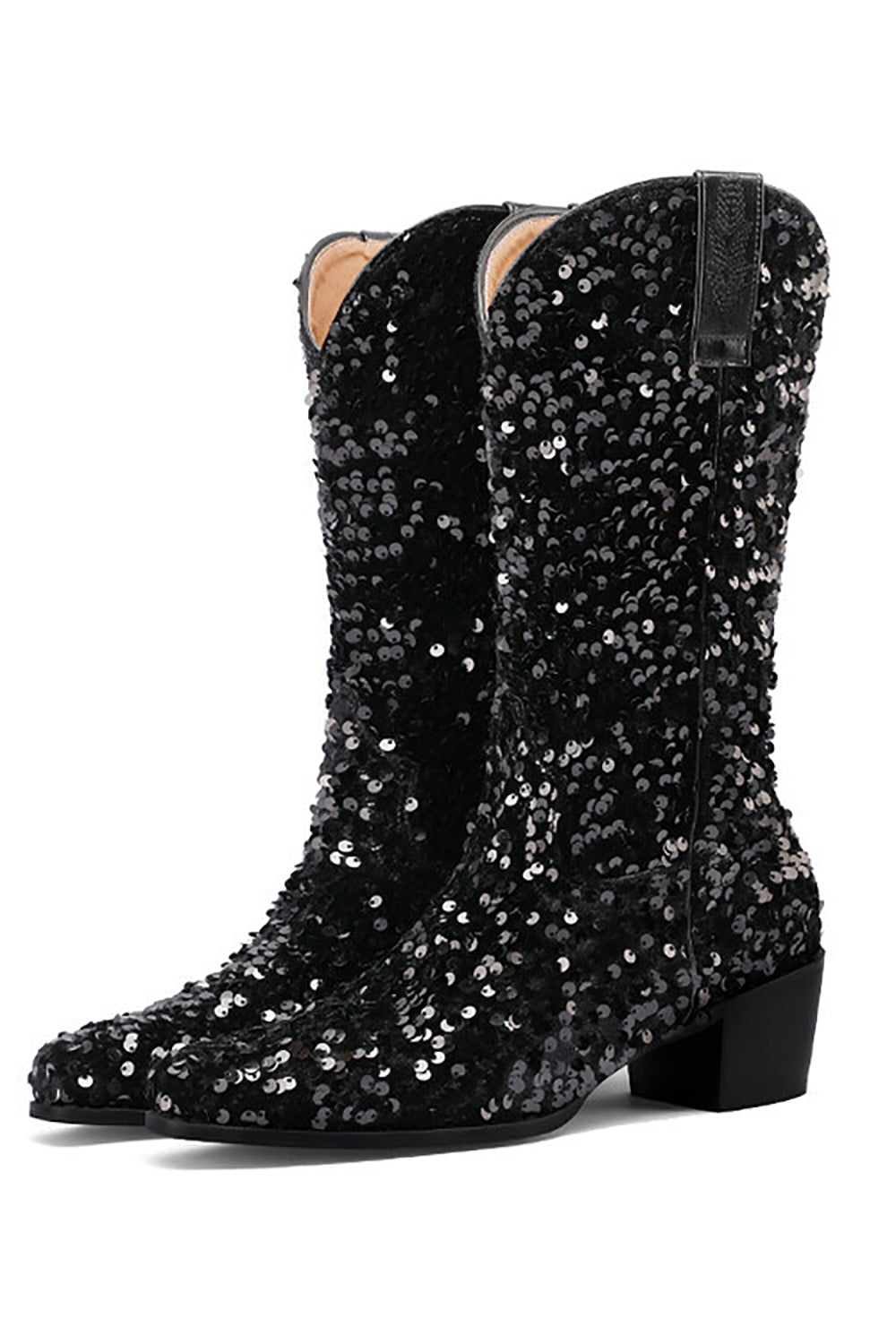 Glitter Black Mid Calf Sequins Snip Toe Chunky Heeled Boots