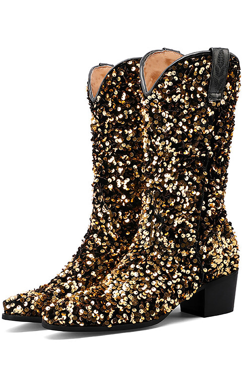 Glitter Black Mid Calf Sequins Snip Toe Chunky Heeled Boots