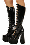 Women's Black Front Hollow Buckle Chunky Heel Knee High Boots