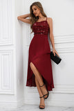 Sparkly Burgundy Spaghetti Straps Asymmetrical Party Dress