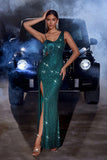 Sparkly Dark Green Mermaid Sequin Fringed Evening Dress with Slit