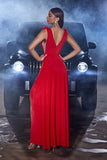 Red A Line V Neck Long Dress with Slit