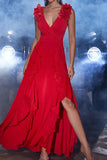 Red A Line V Neck Long Dress with Slit