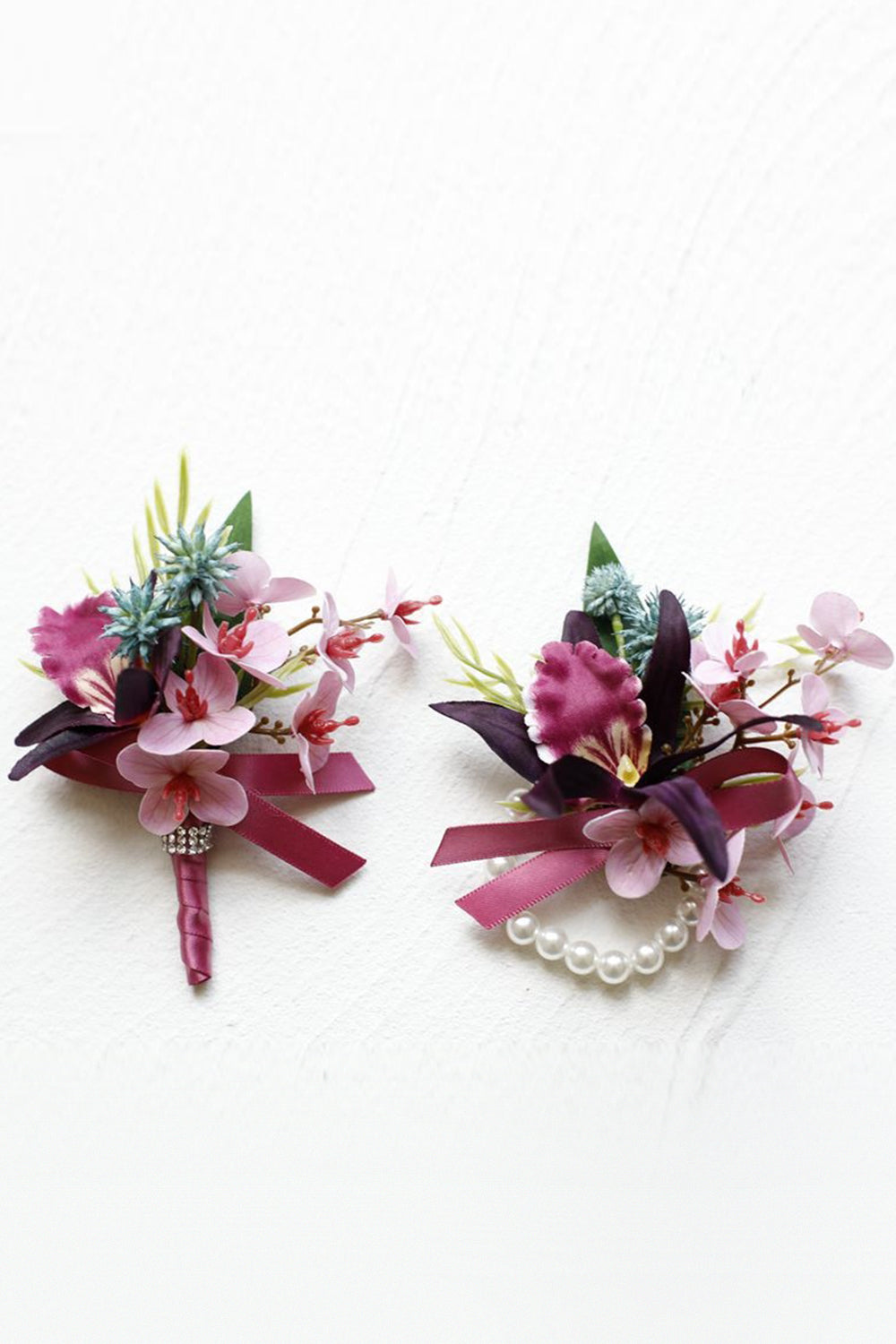 Burgundy Prom Wrist Corsage and Men‘s Boutonniere with Pearls