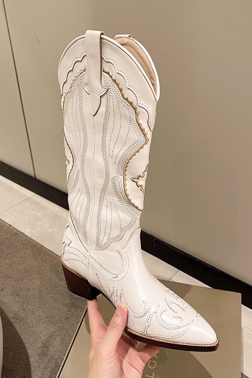 Classic White Embroidered Knee High Wide Calf Cowgirl Boots