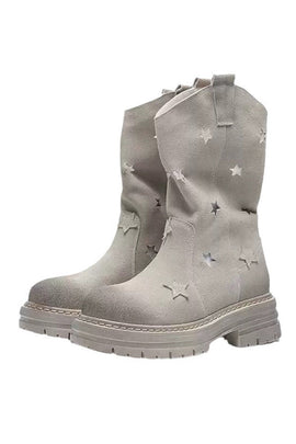 Fashion Grey Mid Calf Round Toe Slip On Boots