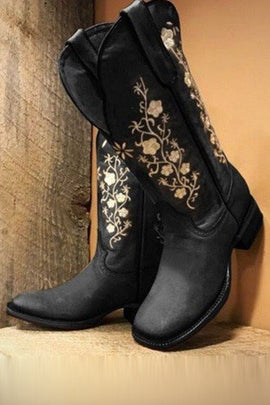 Black Embroidered Chunky Heel Mid Calf Western Boots