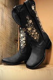 Black Embroidered Chunky Heel Mid Calf Western Boots