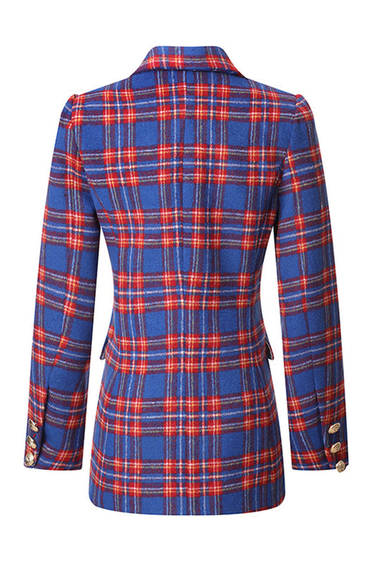 Red Blue Plaid Double Breasted Women Blazer