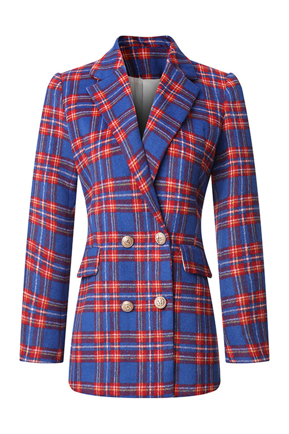 Red Blue Plaid Double Breasted Women Blazer