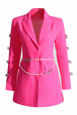 Fuchsia Peak Lapel Women Blazer with Pearl Belt