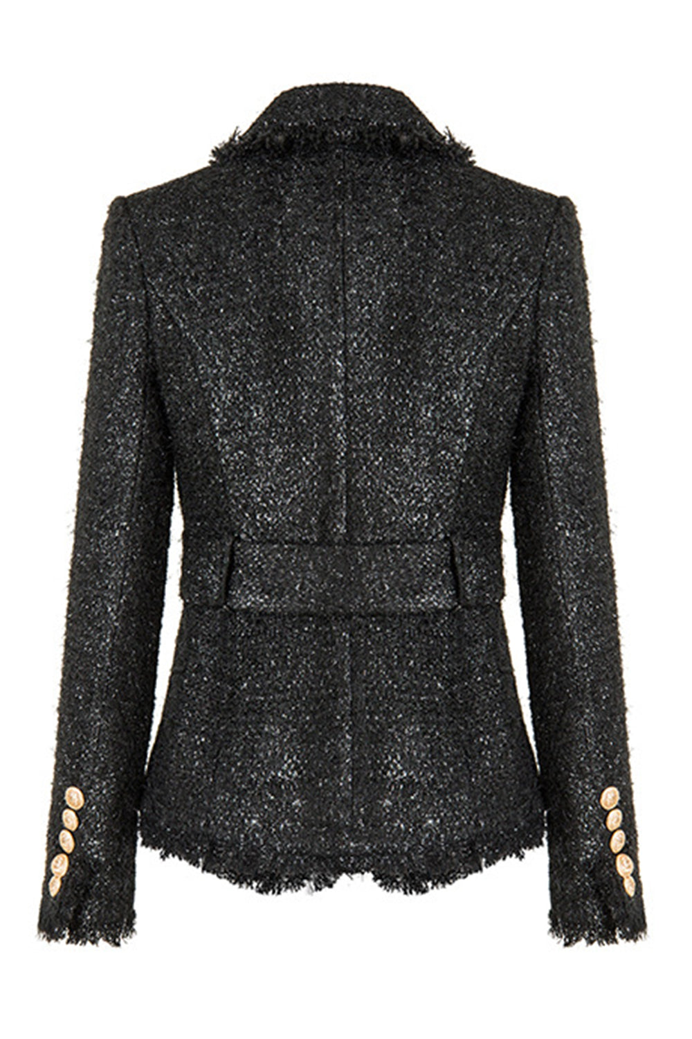 Black Tweed Notched Lapel Women Jacket with Belt