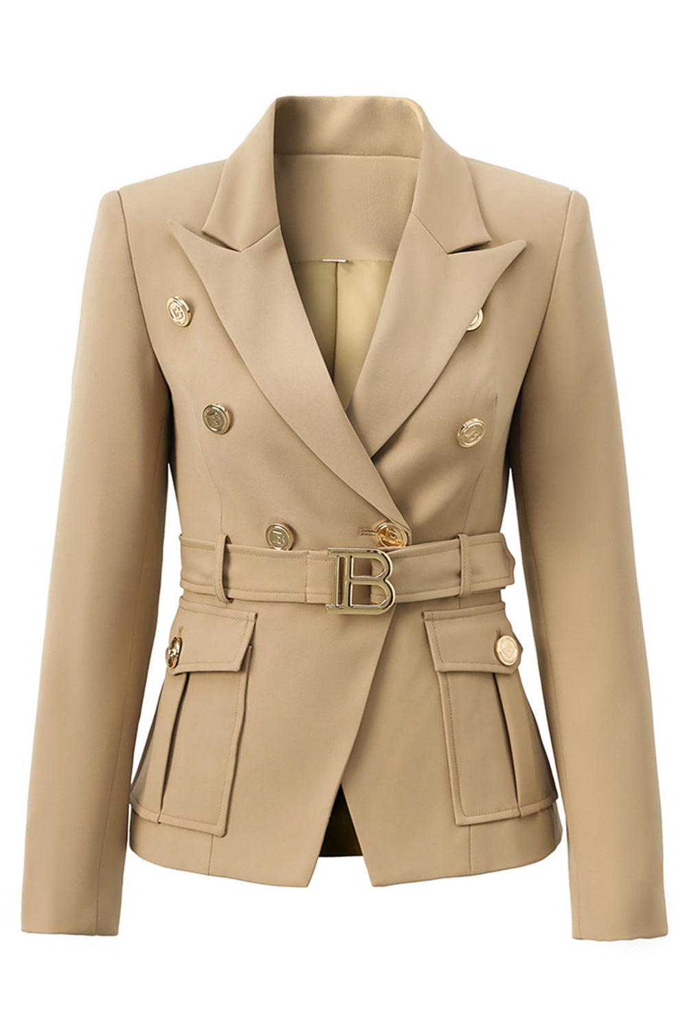 Light Brown Peak Lapel Slim Fit Women Blazer with Belt