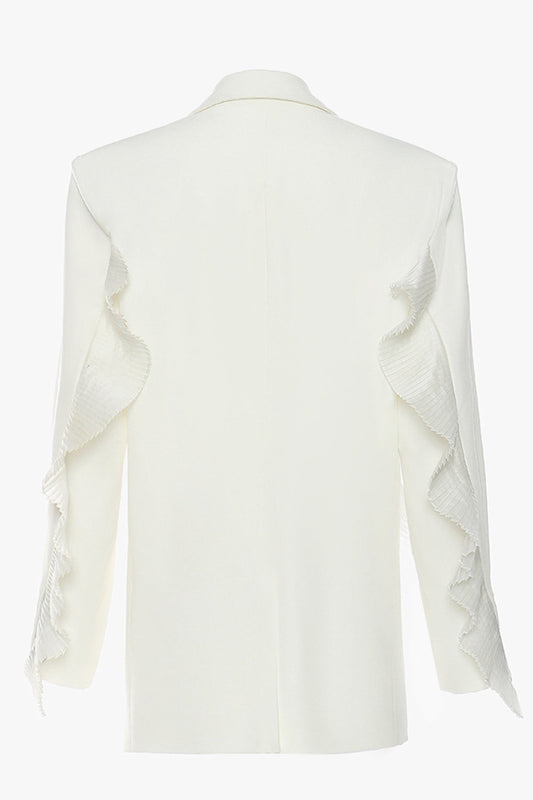 White Notched Lapel Women Blazer With Ruffles