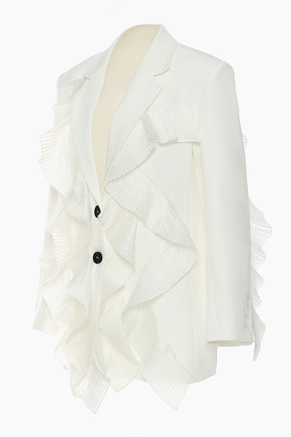 White Notched Lapel Women Blazer With Ruffles