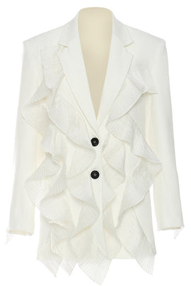 White Notched Lapel Women Blazer With Ruffles