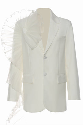 White Notched Lapel Women Blazer with Ruffles