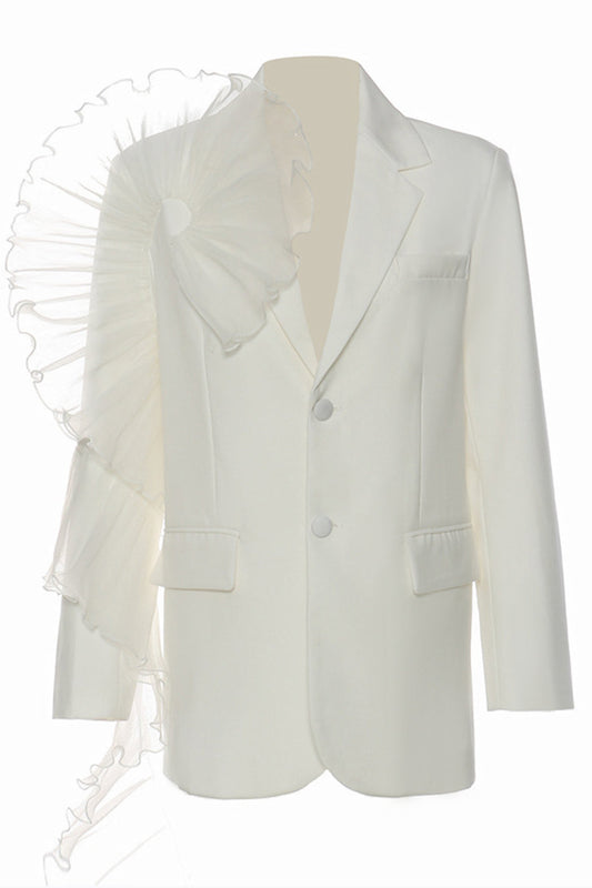 White Notched Lapel Women Blazer with Ruffles