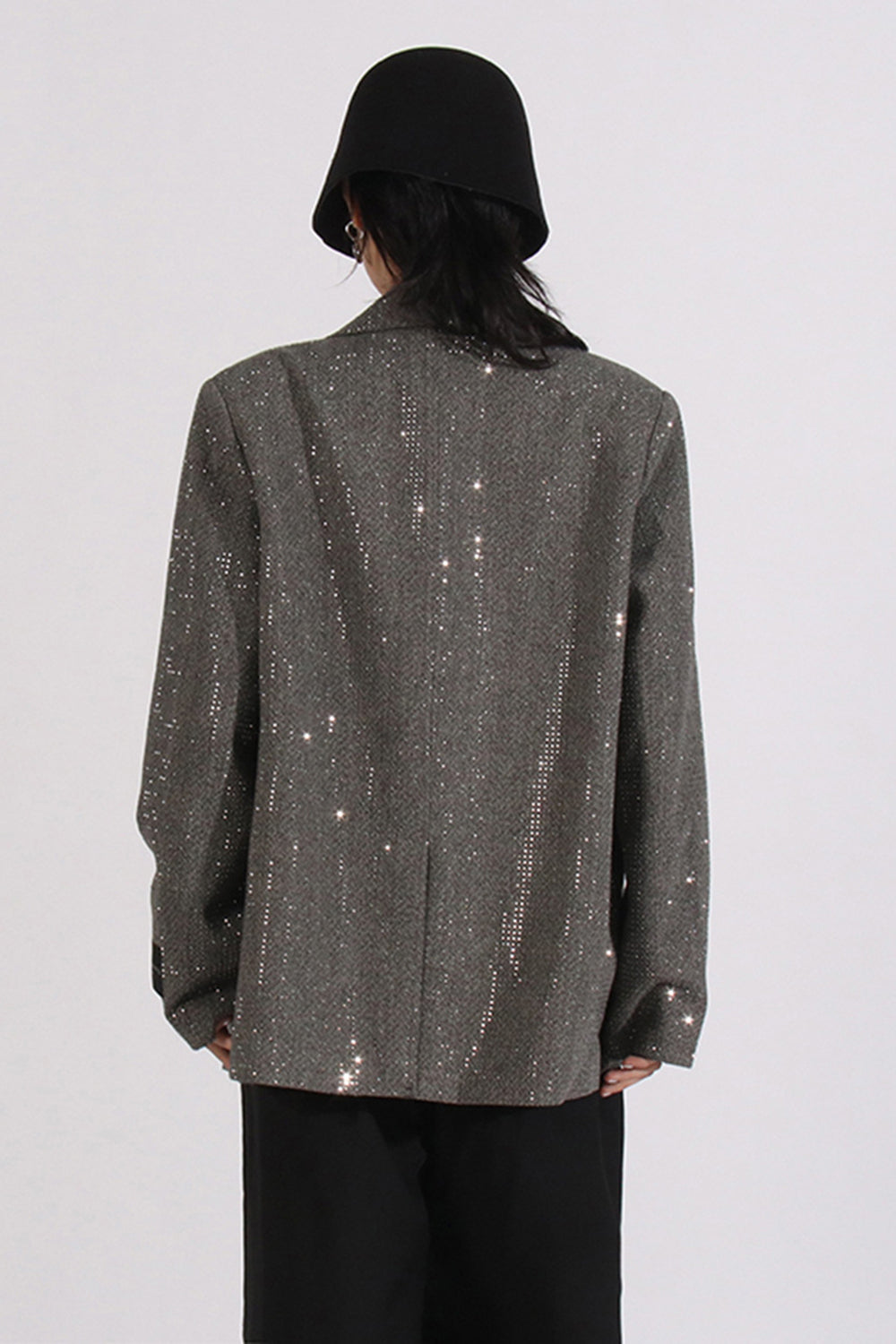 Sparkly Grey Notched Lapel Sequined Women Blazer