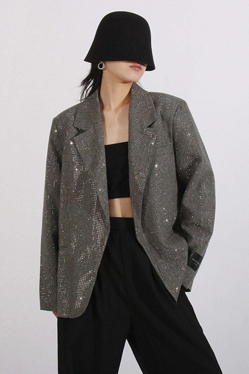 Sparkly Grey Notched Lapel Sequined Women Blazer