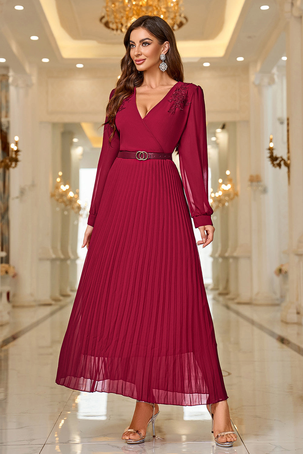 Burgundy A Line V Neck Pleated Appliques Belted Prom Dress with Long Sleeves