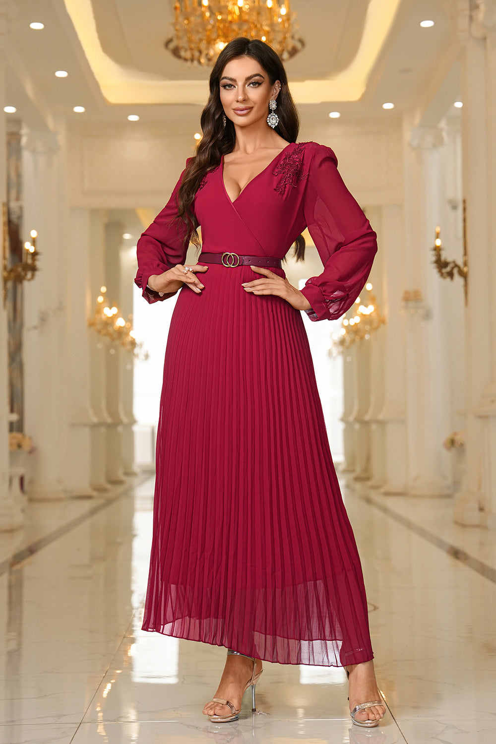 Burgundy A Line V Neck Pleated Appliques Belted Prom Dress with Long Sleeves