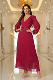 Burgundy A Line V Neck Pleated Appliques Belted Prom Dress with Long Sleeves