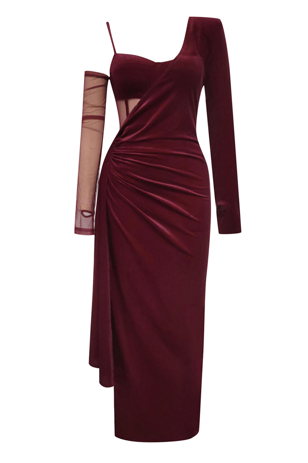 Burgundy Velvet Corset Slit Prom Dress with Sleeves