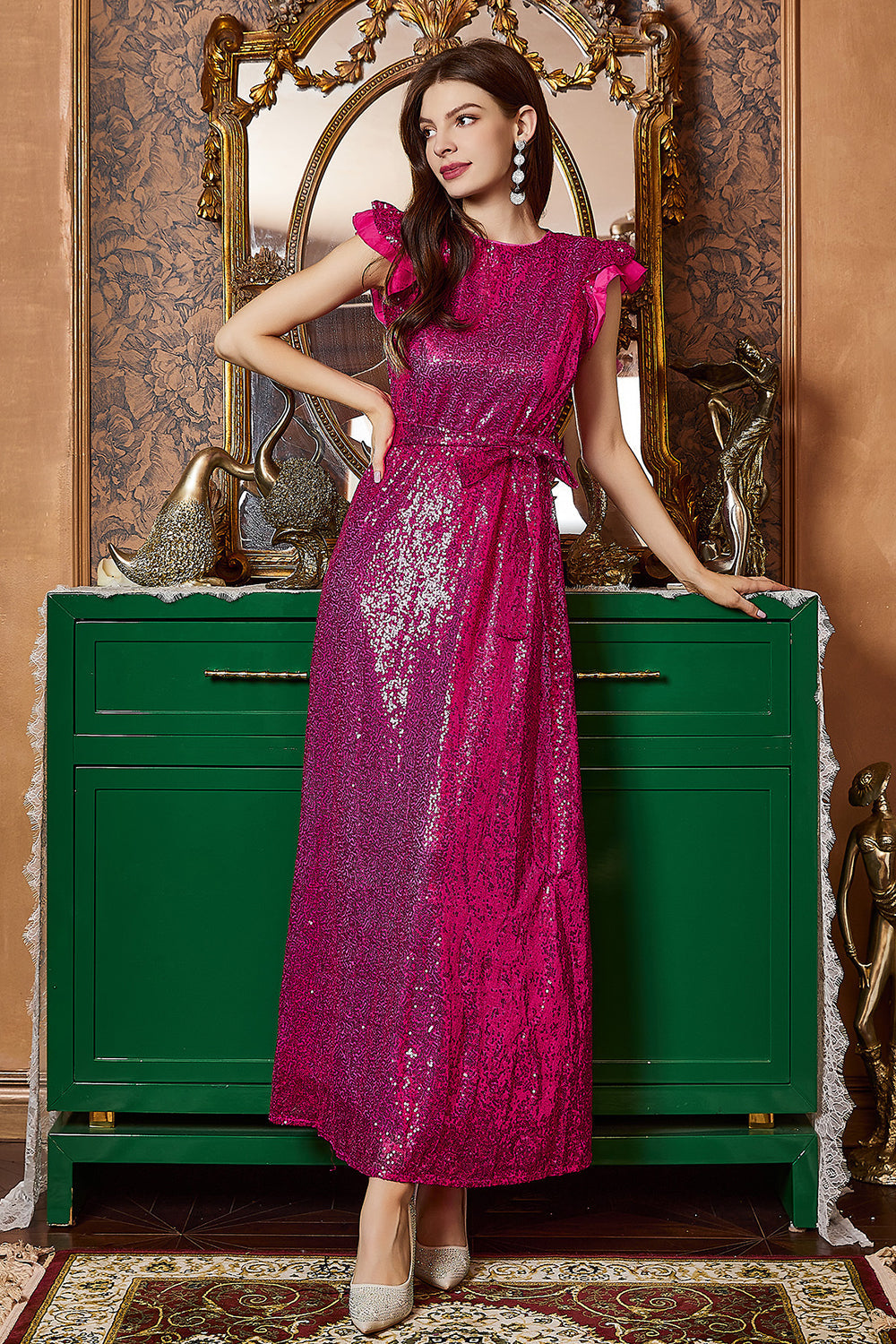 Fuchsia Ruffle Sleeves Long Prom Dress