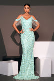 Sparkly Light Blue Cold Shoulder Sequined Mermaid Long Prom Dress