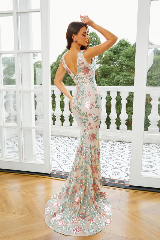 Apricot Floral Mermaid Long Prom Dress