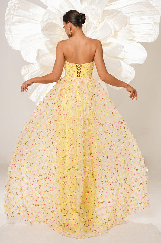 Yellow Floral Strapless Corset Long Prom Dress
