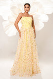 Yellow Floral Strapless Corset Long Prom Dress