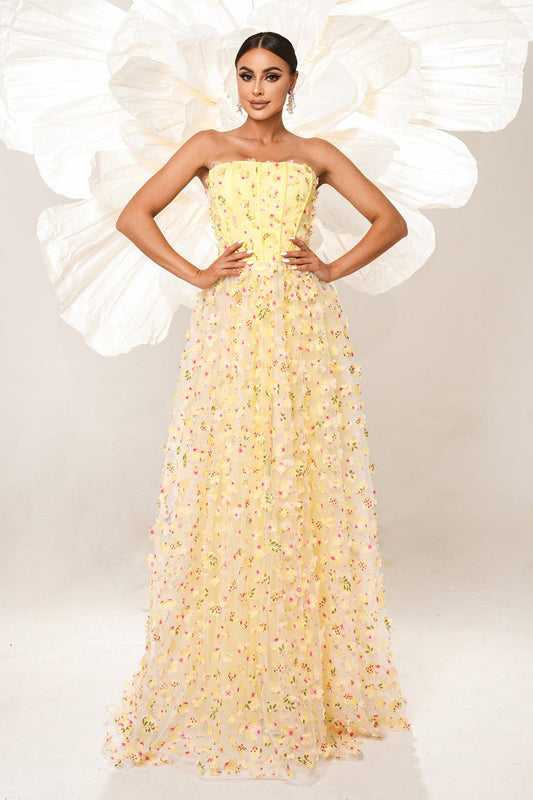 Yellow Floral Strapless Corset Long Prom Dress