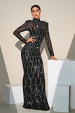 Sparkly Black Sequined Mermaid Prom Dress With Long Sleeves