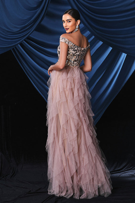 Sparkly Pink Off The Shoulder Tiered Prom Dress
