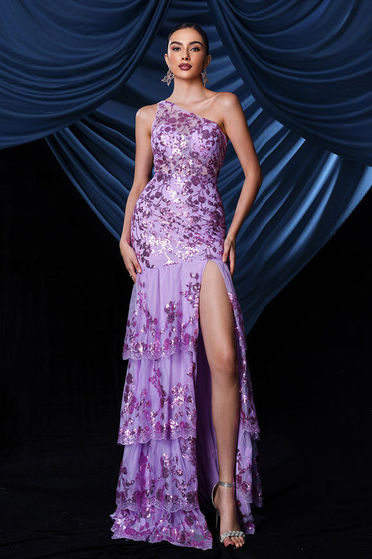 Sparkly Purple One Shoulder Long Prom Dress With Slit