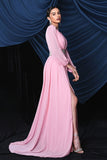 Pink Chiffon Long Sleeves Prom Dress With Slit