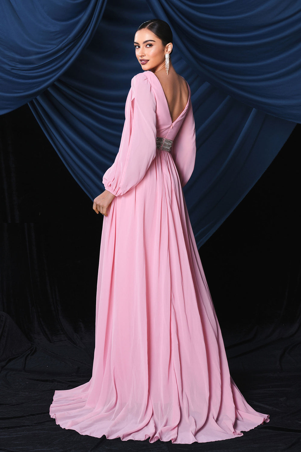 Pink Chiffon Long Sleeves Prom Dress With Slit