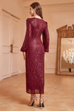 Sparkly Burgundy V-Neck Prom Dress With Long Sleeves