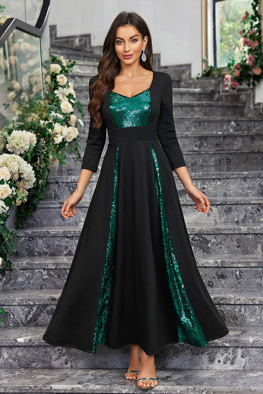 Sparkly Black Green Sequined A Line Prom Dress With Long Sleeves