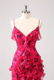 Red Flower Asymmetrical Ruffled Prom Dress