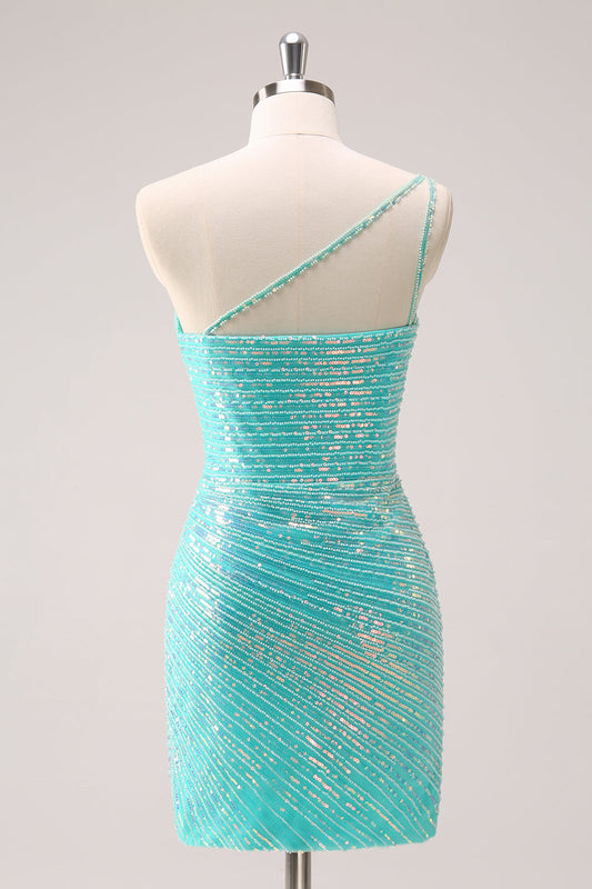 Sparkly Mint One Shoulder Tight Short Homecoming Dress with Sequins