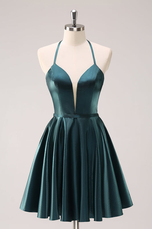 A-Line Peacock Green Halter Short Homecoming Dress with Lace Up Back